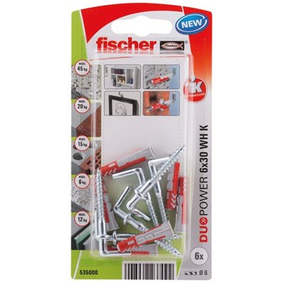 FISCHER - Cheville duopower 6x30 avec crochet blister de 6