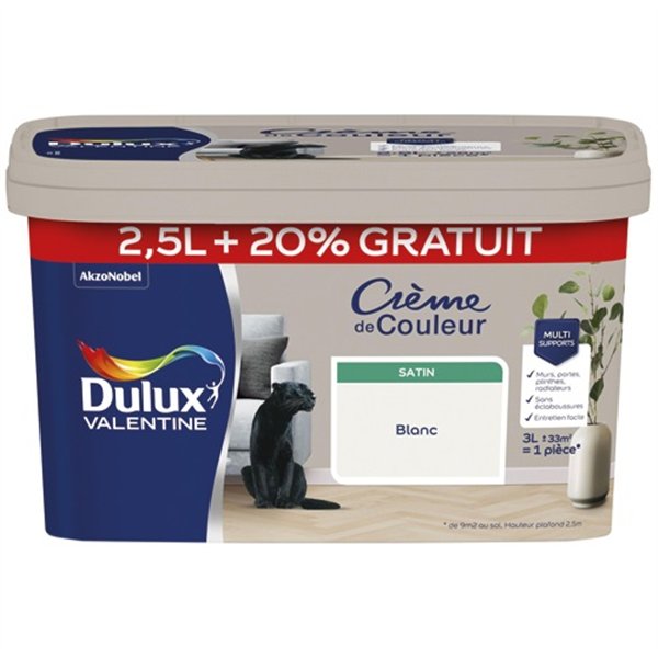 DULUX VALENTINE - Valentine crème de couleur satin 2.5l +20% blanc