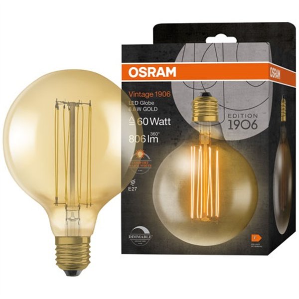OSRAM - 1906 globe 125mm clair fil fin or 8.8w e27 chaud