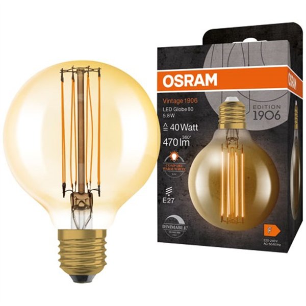 OSRAM - 1906 globe 80mm clair fil d'or 5.8w e27 chaud