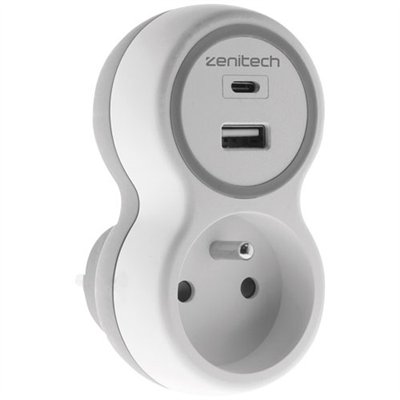 ZENITECH - Prise 16A + 2 chargeurs USB A et C blanc gris