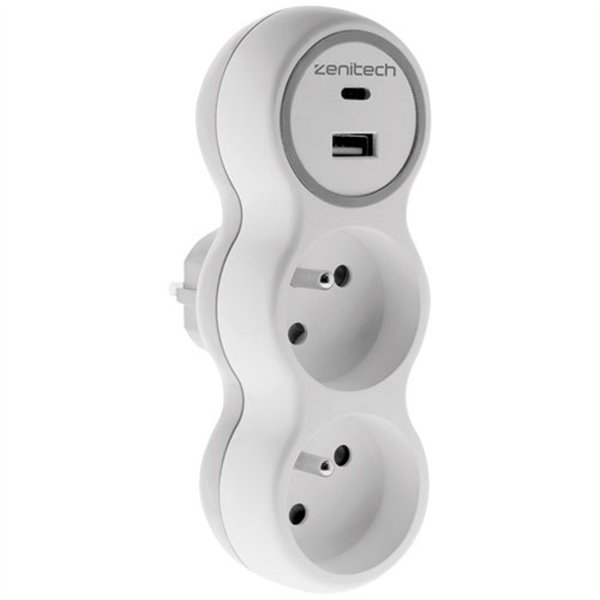 ZENITECH - Biplite 16A + 2 chargeurs USB A et C blanc/gris