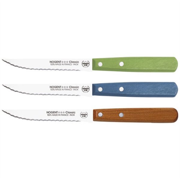 NOGENT - Boîte 20 couteaux à steak 11 cm Vert / Bleu / Cerisier - Classic Bois