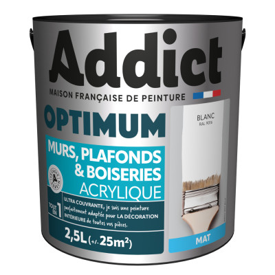 ADDICT - Peinture Optimum Murs Plafonds et Boiseries Acrylique Mat Blanc 2.5L