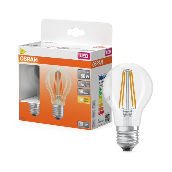 OSRAM - Ampoules LED Transparentes Classic E27 5.9W 806 lm Blanc Chaud Lot de 2