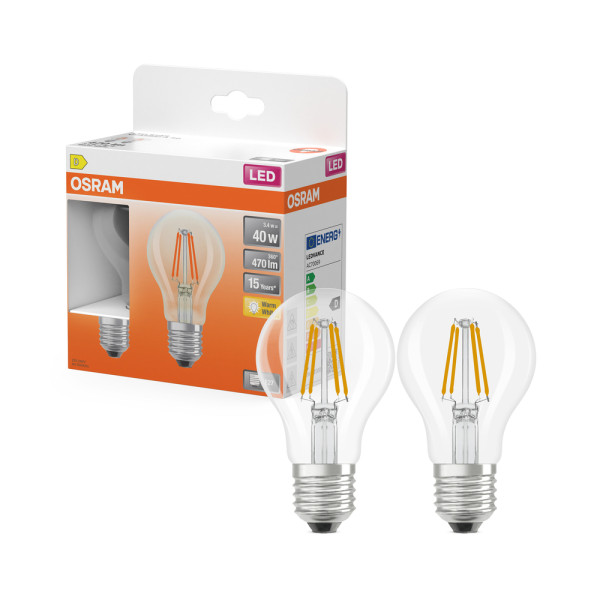 OSRAM - Ampoules LED Transparentes Classic E27 3.40W 470 lm Blanc Chaud Lot de 2