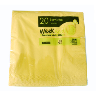 PUBLI EMBAL - 20 Serviettes 3 Plis Jaunes 40 x 40 cm