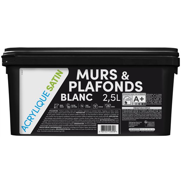 TOUT DANS LE PRIX - Peinture Murs et Plafonds Acrylique Satin Blanc 2.5L