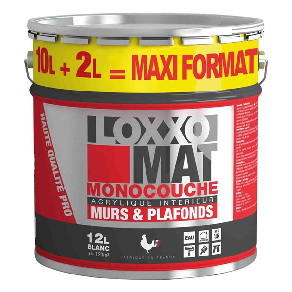 LOXXO - Peinture Acrylique Mate Monocouche Murs & Plafonds Blanc 12 L