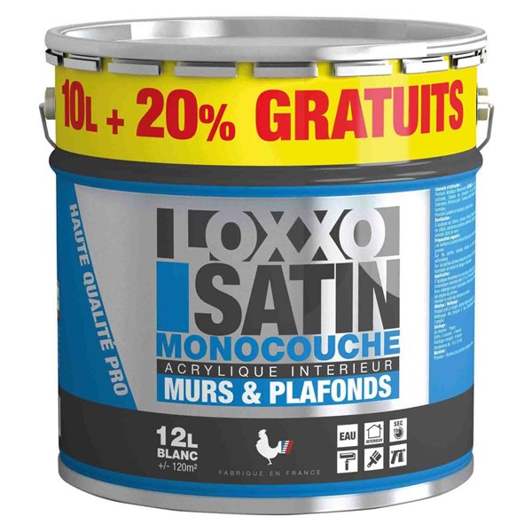 LOXXO - Peinture Acrylique Satin Monocouche Murs & Plafonds Blanc 12 L