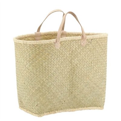 AUBRY GASPARD - Panier Couffin Palmier Naturel + Poignées Cuir Beige 50 cm