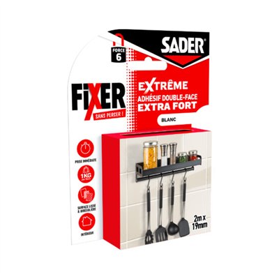QUELYD - Adhésif Double Face Extra Fort Fixer Sans Percer 2 m x 19 mm