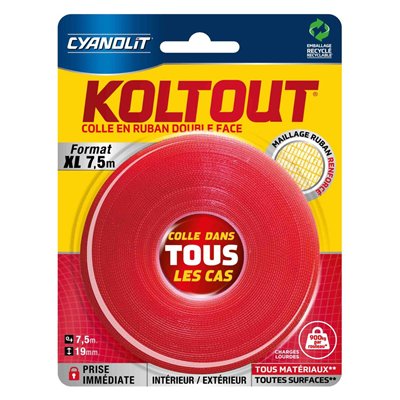 KOLTOUT - Koltout Ruban XL Double Face Colle Dans Tous Les Cas 7.5 m x 19 mm