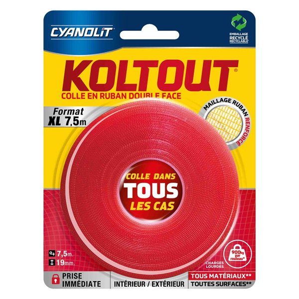 KOLTOUT - Koltout Ruban XL Double Face Colle Dans Tous Les Cas 7.5 m x 19 mm