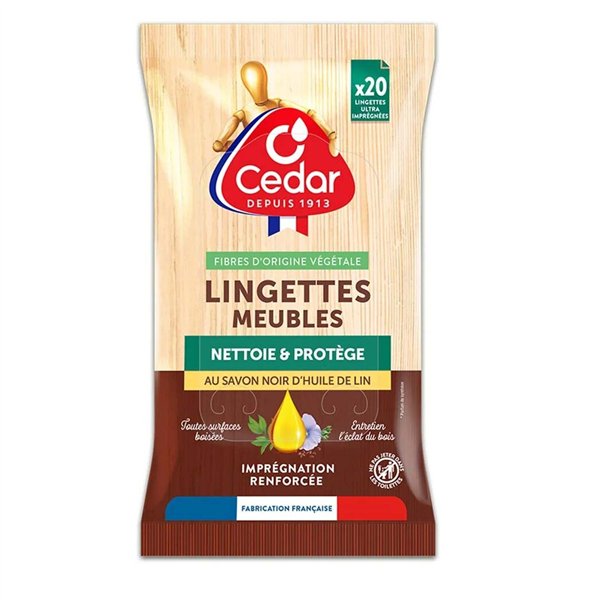O CEDAR - Lingettes Meubles Tous Bois Savon Noir et Huile de Lin Lot de 20