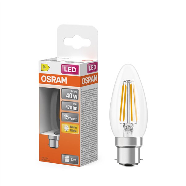 OSRAM - Ampoule LED Transparente Flamme B22d 3.4W 470 lm Blanc Chaud