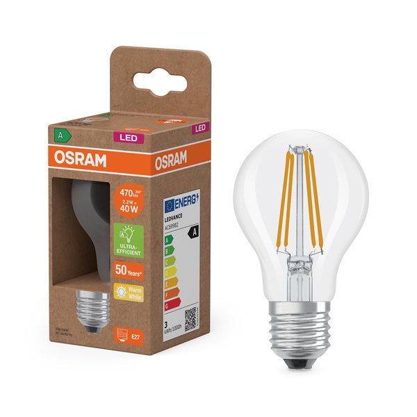 OSRAM - Ampoule LED Transparente Classic E27 2.2W 470 lm Blanc Chaud