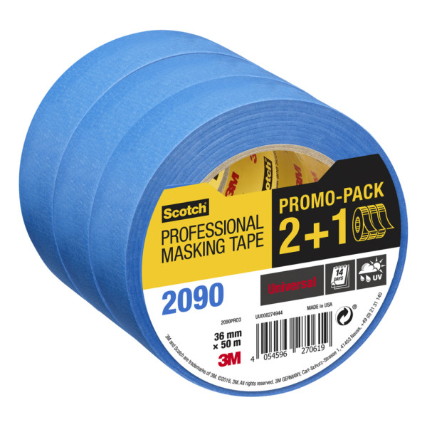 SCOTCH - 2090 Lot 2+1 Gratuit Adhésif de Masquage Professionnel Longue Durée Multi-Surfaces Bleu 36 mm x 50 m