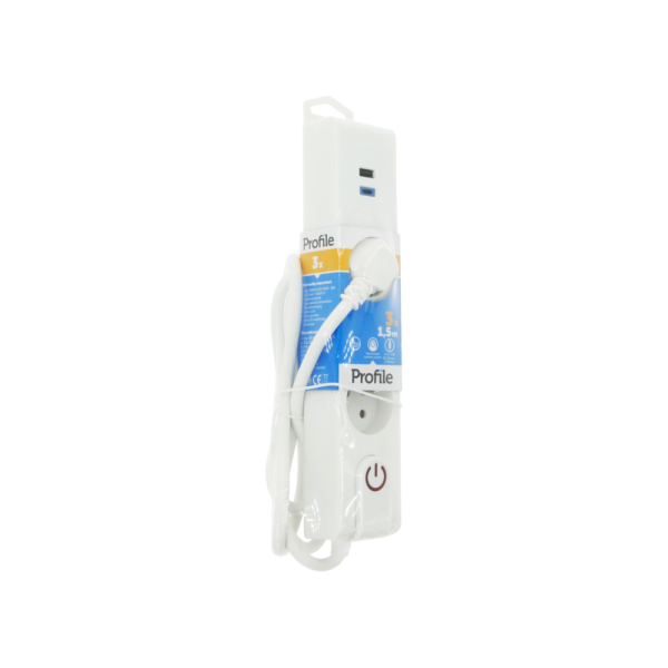 PROFILE - Multiprise x3 + USB A + USB C 1.50m + Interrupteur Blanche