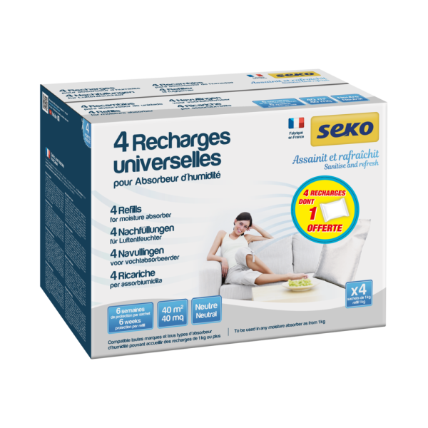 SEKO - Recharges Universelles Pour Absorbeur Humidité Neutres 1kg x4 Dont 1 OFFERTE